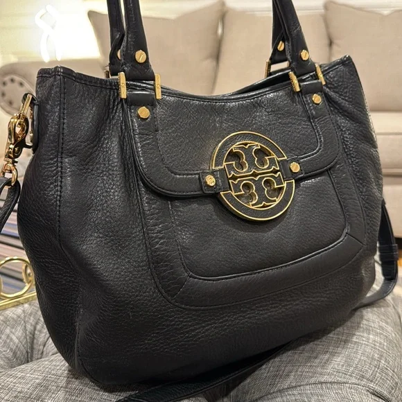 Tory Burch Bag Black and Gold Pebbled Leather Shoulder Bag with Strap - Picture 3 of 17